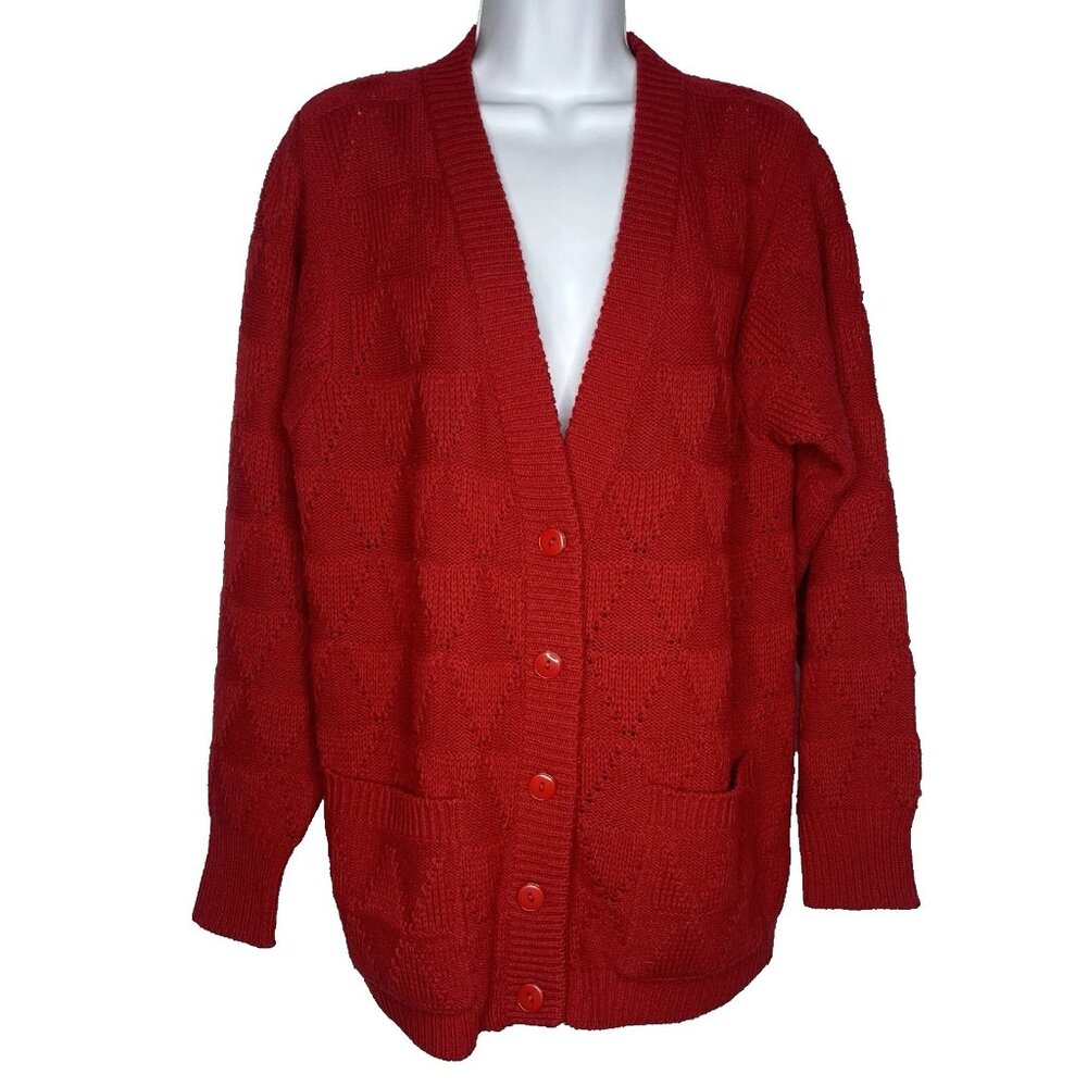 Vintage 70s Le Roy Red Pointelle Knit Grandpa Cardigan Sweater